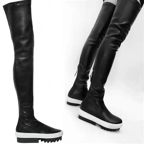 koop trendy fashion elastische stretch  de knie dij hoge laarzen wit zwart