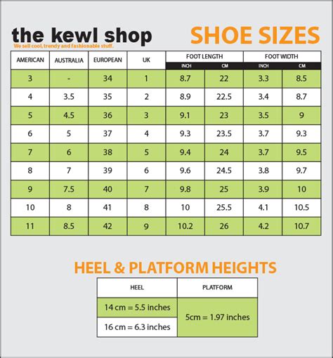 shoe sizes  kewl shop