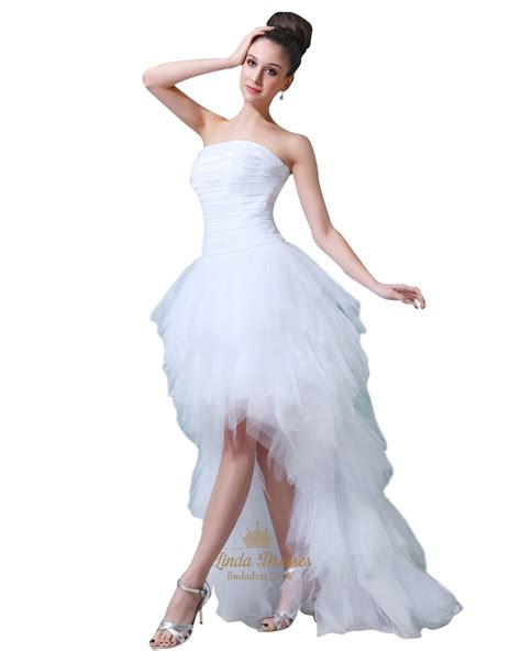 White Strapless Tulle Ruffle Wedding Dresses Short In