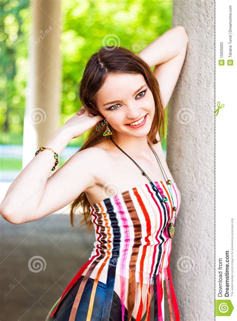 Model Slim Brunette With Long Hair Stock Image Image Of