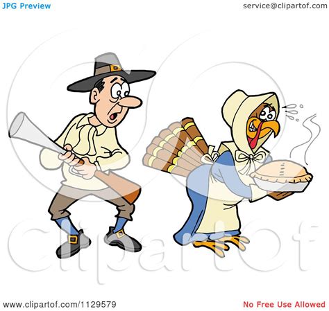cartoon of a thanksgiving turkey bird disguised as a pilgrim shocking a