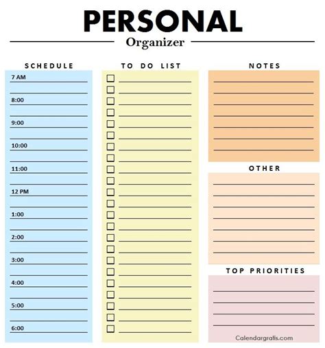 cute personal organizer planner printable template   daily
