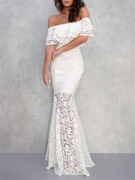 white lace ruffle off shoulder wedding gowns bride