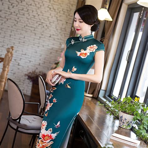 2018 Blue Cheongsam Long Qipao Chinese Traditional Dress Evening