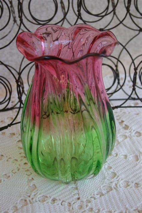 Art Glass Vase Vintage Purple And Green Glass Vase Swirled Sides Etsy