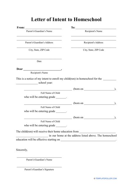 letter  intent  homeschool template  printable
