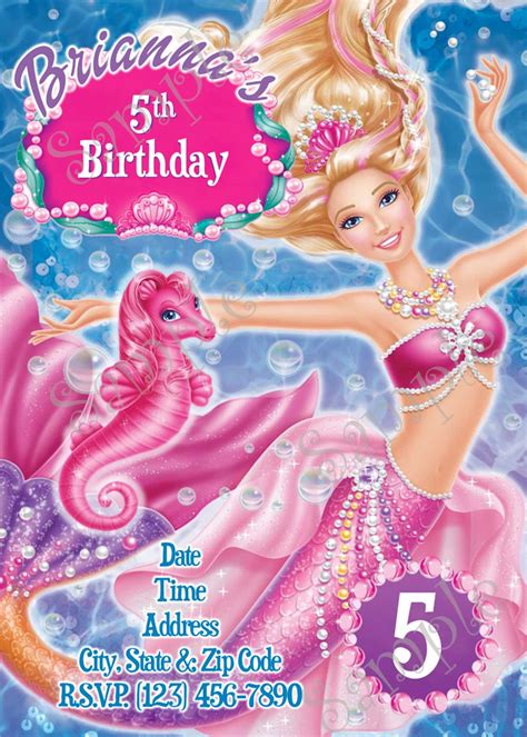 barbie birthday invitation 5x7 or 4x6 inches barbie