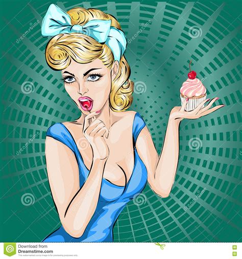 pop art woman portrait with cupcake stock illustration illustration