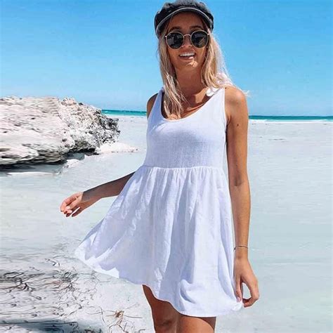 Loose White Beach Dress Women Sleeveless Short Dresses Casual Bohemian