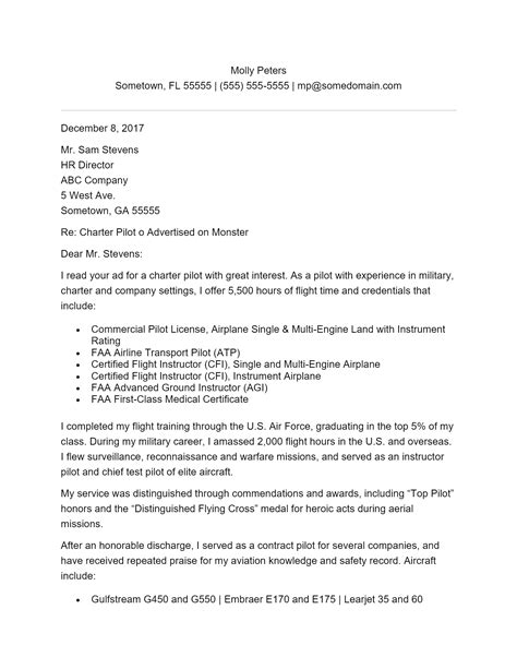 pilot cover letter template   resumethatworkscom