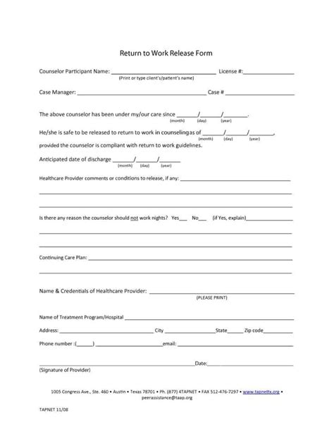 return  work work release forms printable templates return