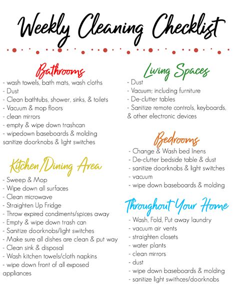 printable weekly cleaning checklist  manage  tidy home nanny