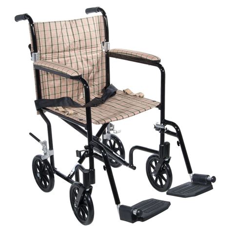 drive flyweight lightweight transport wheelchair  black frame  tan plaid chair fwdb