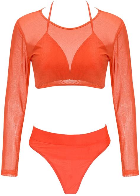 Albizia Womens Triangle High Waist Thong Bikini Set Orange Size