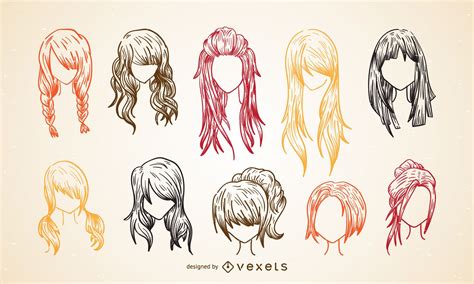 sistema colorido del bosquejo del corte de pelo de las mujeres