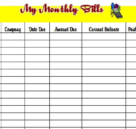 monthly bills printable