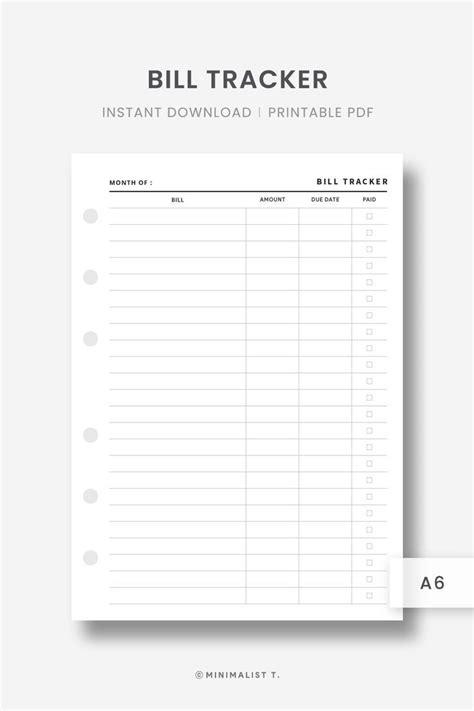 A6 Inserts : Bill Tracker, Bill Organizer, Bill Planner, Bill Payment, Finance Planner, Money