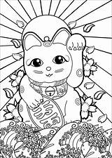 Coloring Japan Japon Neko Maneki Pages Cute Wave Adults Great Japanese Coloriage Sun Cat Rising Du Cherry Vague Adult Sketch sketch template
