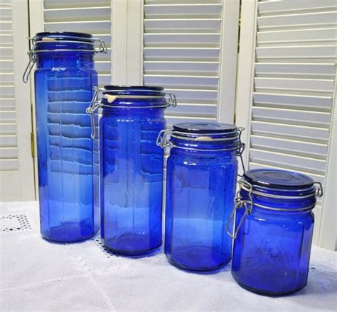 Vintage Cobalt Blue Glass Canister Set Of 4 Wire And Bale Hinged Lid