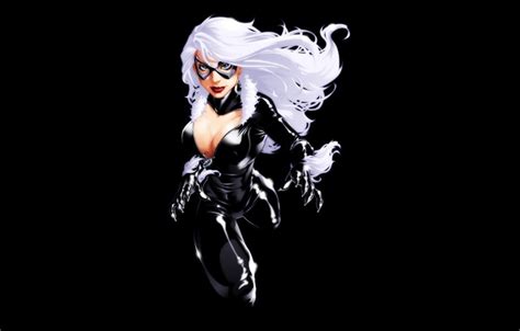 Обои грудь девушка черный фон белые волосы комикс марвел marvel comics black cat felicia