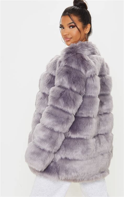 grey fur bubble coat prettylittlething usa