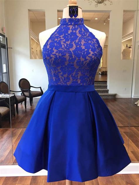 2018 A Line Royal Blue Short Prom Dress High Neck Lace Short Prom Dress