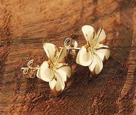 14k solid gold plumeria flower post earrings hawaiian