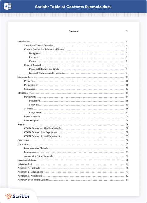 dissertation table  contents  word instructions examples