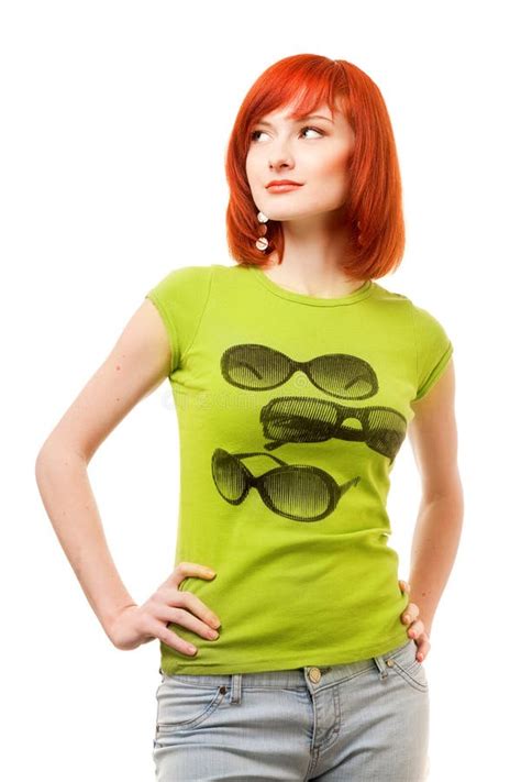 Beautiful Girl In A Green Shirt Standing On Toes Stock Image Image Of