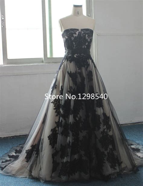 Real Black Lace Wedding Dress 2016 Elegant A Line Strapless Applique