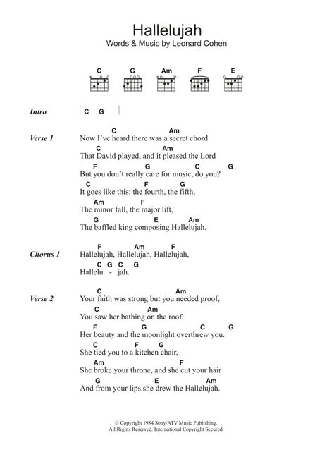 hallelujah sheet music leonard cohen guitar chords lyrics