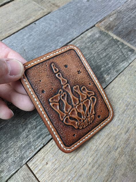 hand tooled leather front pocket wallet  middle finger design slim
