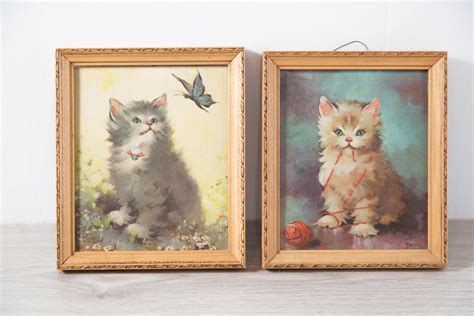 vintage cat prints small framed rustic lithographs  sitting kittens  artist florence kroger
