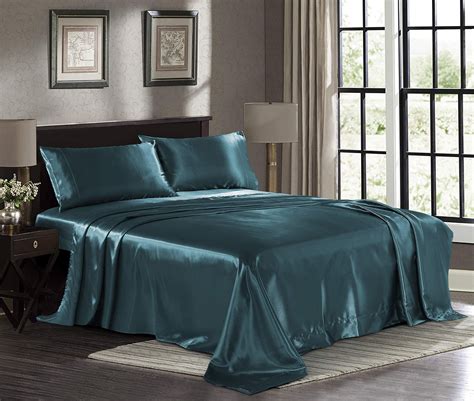 satin sheets full [4 piece teal] hotel luxury silky bed sheets extra