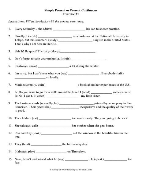Simple Present Or Present Continuous Exercise 1 Worksheet For 7th