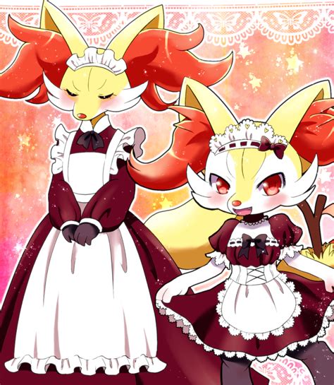 2girls alternate costume blush braixen closed eyes delphox enmaided fur furry maid maid