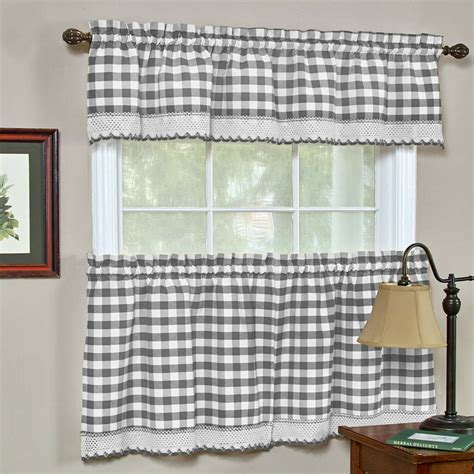 country farmhouse complete  pc plaid checkered cafe kitchen curtain tier valance set