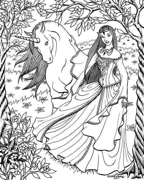 unicorn  elven lady coloring page auralynne