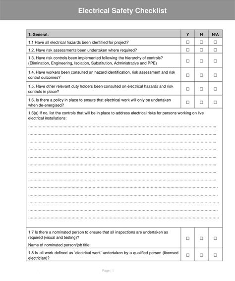 Workplace Electrical Safety Checklist Template Example