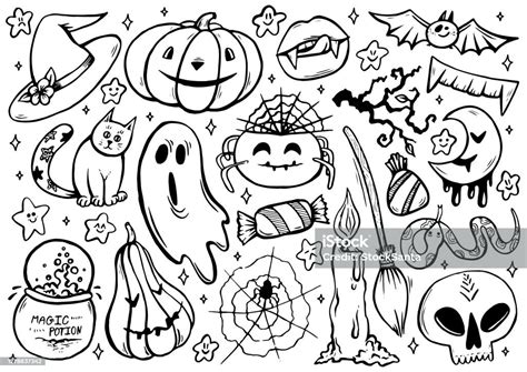 halloween coloring page  spooky objects hand drawn cute halloween coloring sheet stock