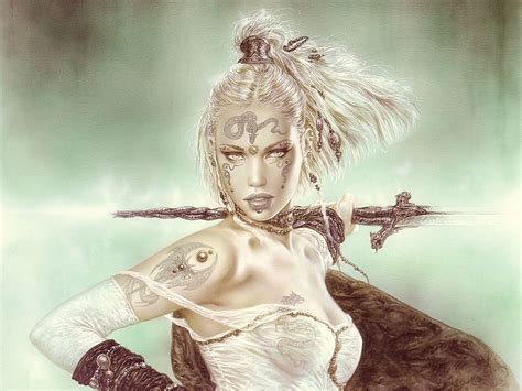 luis royo fantasy warrior weapons sword women blonde face sexy wallpaper 1600x1200 28171