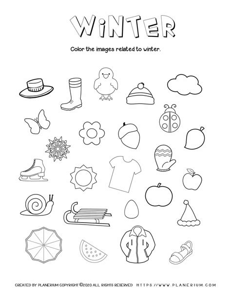 winter worksheet color related objects  printable planerium