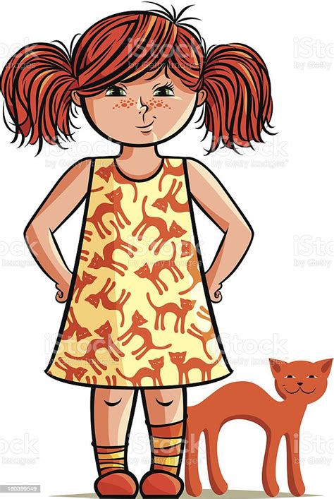 small redhead girl with red cat stock illustration download image now