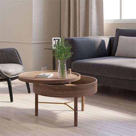 table basse moderne ronde en bois avec plateau rotatif avec rangement