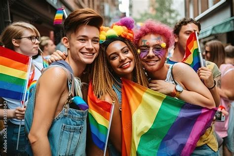 Group Of Friends Smiling Queer Lgbtqia Lgbt People Walking In The