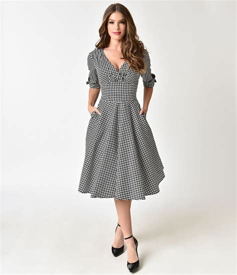 unique vintage 1950s black and white houndstooth delores swing dress wit