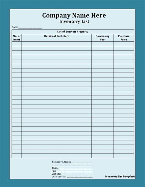 inventory list templates   printable xlsx docs  formats