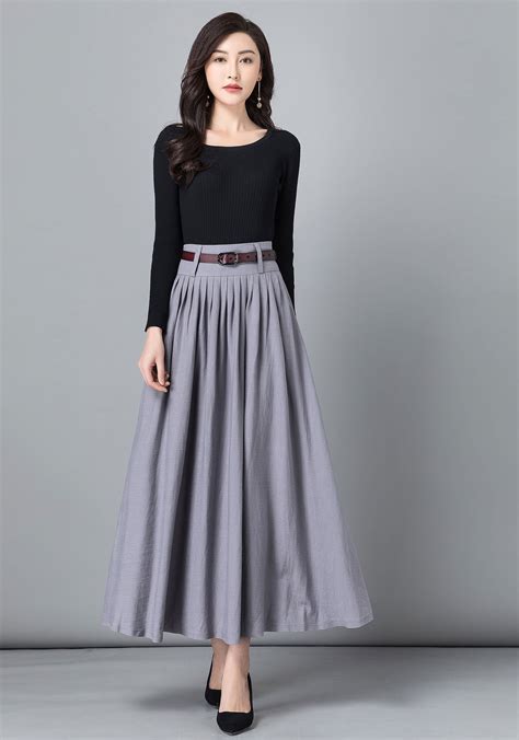 gray linen skirt long pleated swing skirt casual maxi skirt etsy