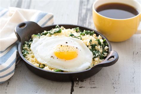 healthy egg topped cauliflower breakfast hash hungry girl