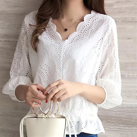 cotton eyelet embroidered panel blouse  white collar  neck  quarter sleeve top